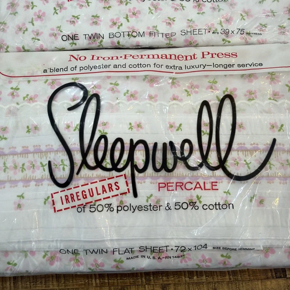 VTG Pink Floral Sleepwell Twin NOS Fitted & Flat Sheet Set USA No Iron Percale